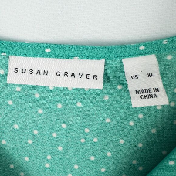 Susan Graver Printed Liquid Knit Button Front Shirt Womens XL Green Polka Dot - Picture 3 of 13